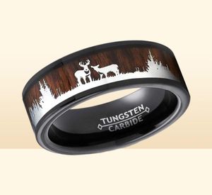 Anéis de casamento 8mm de tungstênio preto tungstênio homens tocam koa madeira embutido veado veado caça silhueta banda de moda jóias para man9486971