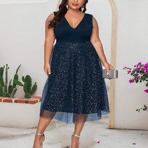 Casual Dresses Overdimensionerad 5xl Dress for Women Blue Elegant Midi Sequin Chiffon Clothing 2024 Summer Autumn Ladies Cocktail Evening Party