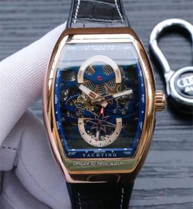 新しいVanguard Yachting Rose Gold Case V45 S6 Yacht Skeleton Blue Dial Automatic Mens Watch Leatherrubberストラップスポーツウォッチhello3680823