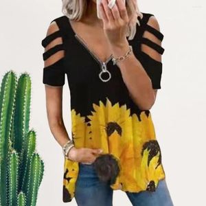 Blouses femininas Mulheres macias de mulheres elegantes coleção de camisetas de verão zíper em vasia fria de ombro frio de decote em férias