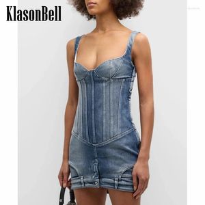 Sıradan Elbiseler 4.9 Klasonbell 2024 İlkbahar Yaz Kadın Moda Kız Denim Kısa Elbise Balık kemiği İnce Birleştirilmiş Askı