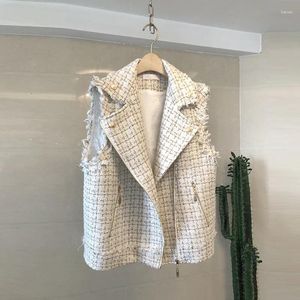 Frauenwesten lässig losen Lupe Quaste Tassel Tweed ärmellose Mantel Frauen Mode Basic Motorcy Reißverschluss Weiße Plaid kleine duftende weibliche Weste