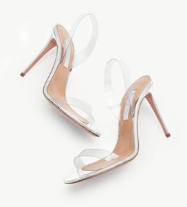 الصيف العلامات التجارية الشهيرة Aquazzuras PVC Womens Sandals لذا عارية Plexi Sandal Heels Crysta Buckle Party Wedding Fress Shoes Heel Back S9273013