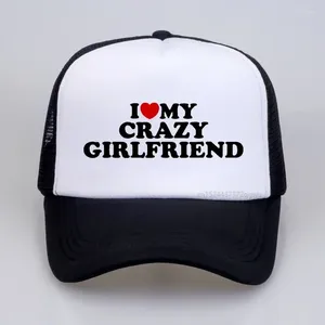 Ball Caps Funny I Love My Crazy Girlfriend GF Red Heart Hat Fashion Birthday Gift Baseball Cap Summer Style Mesh Breathable Trucker Hats