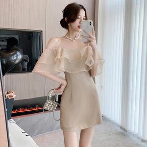 Casual Dresses Sweet Girl Elegant Strap Ruffle Dress For Women's Summer Pure Sexy Slash Neck Slim Fit Short Fashion Female Clothes