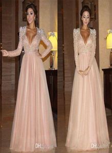 Gorgeous 2021 Dresses V Neck Long Sleeve Baby Pink A Line Evening Wear Heavy Crystal Beaded Formal Celebrity Red Carpet Prom Eveni7580622