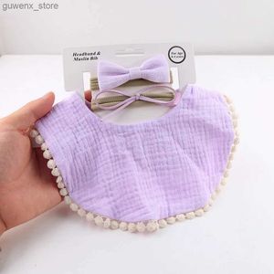 Önlükler Bürek Bezleri 3pcs/Set Katı muslin pamuklu bebek Snap Bibs Yeni doğan erkek kızlar sahte süet mini papyon kafa bandı çocukları besleme geğirme bezleri scarf y240412y240417cljp