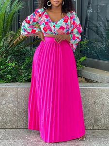 İş elbiseleri kadınlar iki parça set ekin üstleri baskılı gömlek bluz v boyun uzun kollu yüksek bel pilili etekler Afrika bahar moda takımları