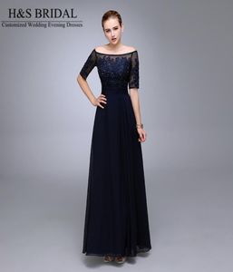 Real Picture Navy Blue Evening Dresses 2016 Half Sleeve Pärled Chiffon Formal Mother of the Bride Groom Dresse Appliced ​​Lace Form3212268