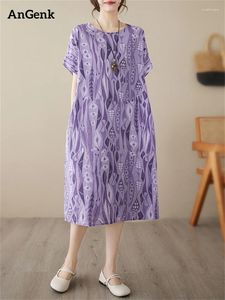 Party Dresses Cotton Short Sleeve Vintage for Women 2024 Summer Casual Loose Midi Holiday Purple Dress Femme Vestidos Elegant kläder