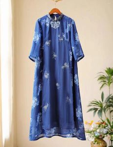 Casual Dresses Chinese Style Dress Ramie Blue Printl Lose Long Vintage Embroidery Stand Collar Three Quarter Summer