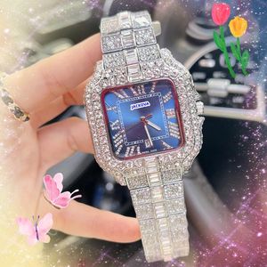 President Cool Herr Square Roman Tank Dial Watches Auto Day Date Time Shiny Starry Clock Japan Quartz Movement Full rostfritt stål Band Diamonds Ring Armband Watch