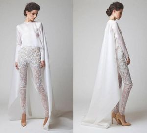 2020 New White Evening Dresses Two Pieces Chiffon Lace Pearl Trousers See Through Long Sleeves Elio Abou Fayssal Evening Gowns Wit2522595