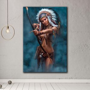 Einheimische indische Wandkunstdekoration, indische Kriegerin Frau Leinwand Drucke, sexy Mädchen Malerei, Federhäuptplakat, Wandkunstbild für Wohnzimmerdekoration