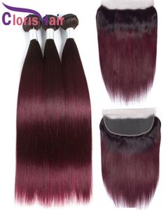 13x4 Lace Frontal With Bundles Colored Burgundy Straight Human Hair Brazilian Virgin Weaves Closure 1B 99J Ombre Extensions With T2883900