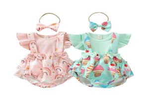 Nyfödda kläder sätter flickor kläder babykläder spädbarn bär sommar regnbåge glass kort ärm tshirts remmar shorts bågar he4436062