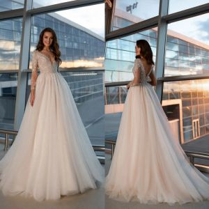 OKSANA MUKHA Abiti da sposa V Neck Maniche lunghe Abiti da sposa Sweele Train senza nero