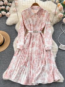 Casual Dresses Women Vintage Printed Dress Spring Autumn Long Sleeve Lapel Floral Evening Party Ladies A-line High Waisted Robe