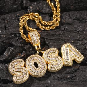 Nome personalizzato hip hop lettera di baguette a ciondolo con catena di corda gratuita oro argento topling zirconia uomo gioiello a sospensione