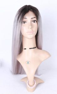 Virgin Peruvian 1B Grey Two Tone tono scivolare in pizzo pieno Peli umani parrucche Ombre 1B Wigs Front Wigs Bleached Knots Full Densità709199417618