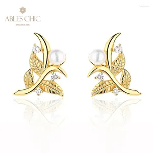Stud Earrings AC Freshwater Pearls 4-4.5mm Accent Green Leaves Nature Theme 18K Gold Tone Solid 925 Silver Patterned PE1039