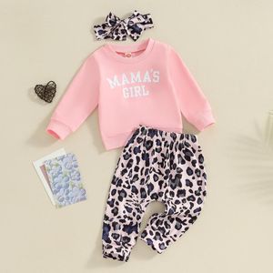 Giyim setleri moda mektubu baskı bebek kız kıyafetleri 3pcs sonbahar yürümeye başlayan kıyafetler uzun kollu sweatshirt leopar pantolon baş bant seti