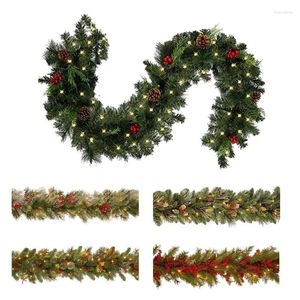 Flores decorativas Christmas Wrinalh Wreath Green Green Outdoor Pine Tree With Lights Garland para lareira da escada da lareira para acessórios para decoração de casa