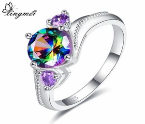 Anelli nuziali lingmei splendido cocktail rotondo taglio arcobaleno nero viola cubico zircone gioielli ad anello color argento da colore 695672546