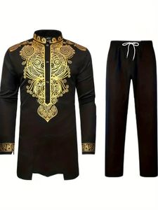 Daupanzees Comfy Mens African 2 Piece Set Traditional Suit Dashiki Long Sleeve Gold Print Button Down Shirt and Pants Outfit 240415