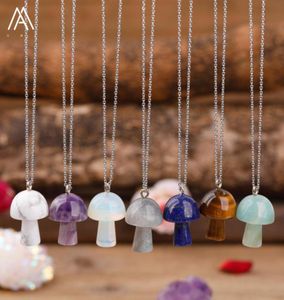 Carved Gemstones Mushroom Pendant Charms Stainlesssteel Chain Women Healing Crystals Figurine Pendant Necklace Jewelry2566666