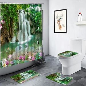 Duschvorhänge Wald Wasserfall Landschaft Vorhang rosa Blumen grüne Pflanzen Swan Landschaft Badezimmer Dekor Nicht-rutschfeste Teppich Toilettenbad Matte Set