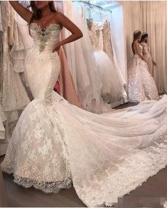 2024 Luksusowe sukienki ślubne syreny Kochanie koronki do tyłu Kryształowy pociąg z koralikami pociągiem wykonane w ślubnej suknia ślubna suknia ślubna
