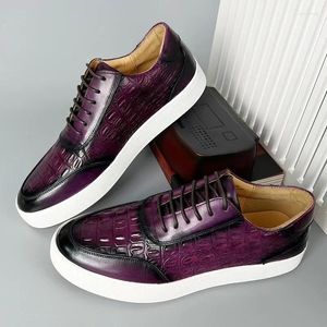 Casual Shoes Mens Genuine Leather Purple Flat Sneakers Autumn Lace-up Alligator Print Quality Oxford For Men