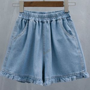 Kadın için Kısa Pantolon Elastik Bel Giymesi İçin Kısa Pantolonlar Denim Orta Uzunluk Kawaii Sevimli Fırfır Kot Kot Bermuda Yarı Açık Hava Dış Mekan 240415