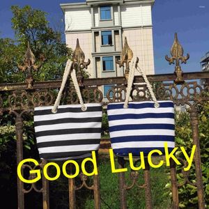 Bolsas de armazenamento 50pcs/lote por atacado China fabricante Canvas Stripe Blue Blue Black Beach Bag