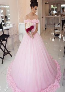 Fairytale Pink Ball Gown Wedding Dresses Beateau Neck Off Shoulder Flowers Tulle Princess Bridal Wedding Gowns Chapel Train6404768
