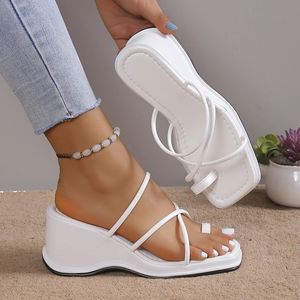 Womens White Wedge Sandals Summer 2023 Ring Toe Cross Strap Gladiator Woman Non Slip Platform Beach Slippers Plus Size 240409