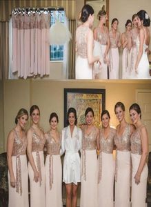2020 Bling Sheath Bridesmaid Dresses V Neck Rose Gold Sequined Sashes golvlängd Chiffon Plus Size Maid of Honor Wedding Gue3001829