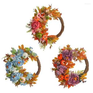 Decorative Flowers 2024 Harvest Festival Peony Pumpkin Wreath Rustic Round Wall Hung Outdoor Farmhouse Fall Wreaths Front Door Decorations
