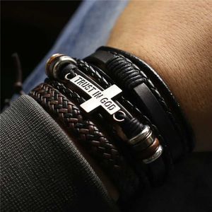 Andra armband 3 datorer/set läderarmband män armband för kvinnor trä pärlor fjäder förtroende i gud kors charm homme gåva smycken fritt fraktl240415