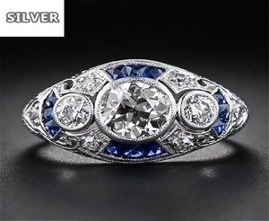 925 Anillos Gümüş Retro Mahkemesi Tam Kübik Zirkonya Yüzüğü Kadınlar için Zarif Mavi Kristal Yüzükler Ziyafet Safir Mücevherleri6953657