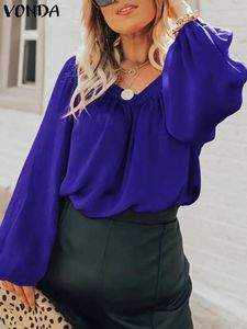 Plus Size 5XL VONDA Fashion Women Blouse Autumn Elegant Shirts Long Sleeve Solid Color V Neck Tops Casual Loose Blusas Femininas 240403