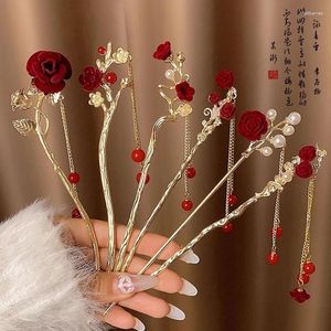 Hair Clips Vintage Chinese Style Tassel Clip For Women Stick Pins Rose Flower Beads Handmade Hairpins Jewelry Accessories