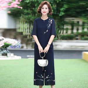 Women's Two Piece Pants Wide Leg Suits Female Summer Elegant Embroidery Two-piece Set Womens Outfits Fashion Casual Chiffon Clothing Femme