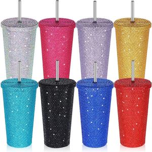 750 ml Straw Cup with Lid Shining Rhinestone Rostfritt stål Dubbelskikt Thermos Cups Women Glitter Cup Water Bottle Xmas Gifts 240409