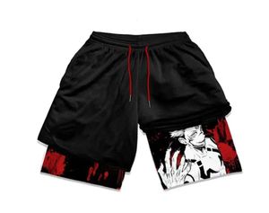 Summer mens double layered shorts men anime high waisted oversized breathable sports shorts training and fitness sports shorts 240409