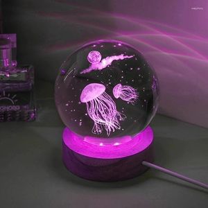 Night Lights 3D Jellyfish Laser Engraved Crystal Ball LED Light Birthday Girlfriend Classmate Wife Children Christmas Day Gift Decor