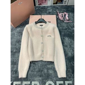 MM Autumn/Winter Imitation Mink Wool Sweater Cardigan Rhinestone Button Brodery Letter On Brest Heavy Industry Machine Diamond Female