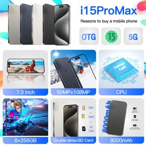 Kostenlose UPS I15 Promax 5G Smartphone Face ID 5G DECA CORE 256 GB 6,8 Zoll Alle Bildschirm HD Android OS GPS WiFi 24MP Kamera Smartphone Textured Mattglas Schwarz
