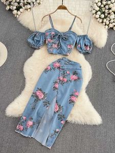 Sexig kjol kvinnor 2 bit set denim mode kvinnlig het flicka chic y Sling Top High midja oregelbunden delad kjol Summer Lady Lady L49